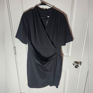 NWT DKNY Black Draped Wrap Sheath Dress US 16 | Short Sleeve | Minimalist Career